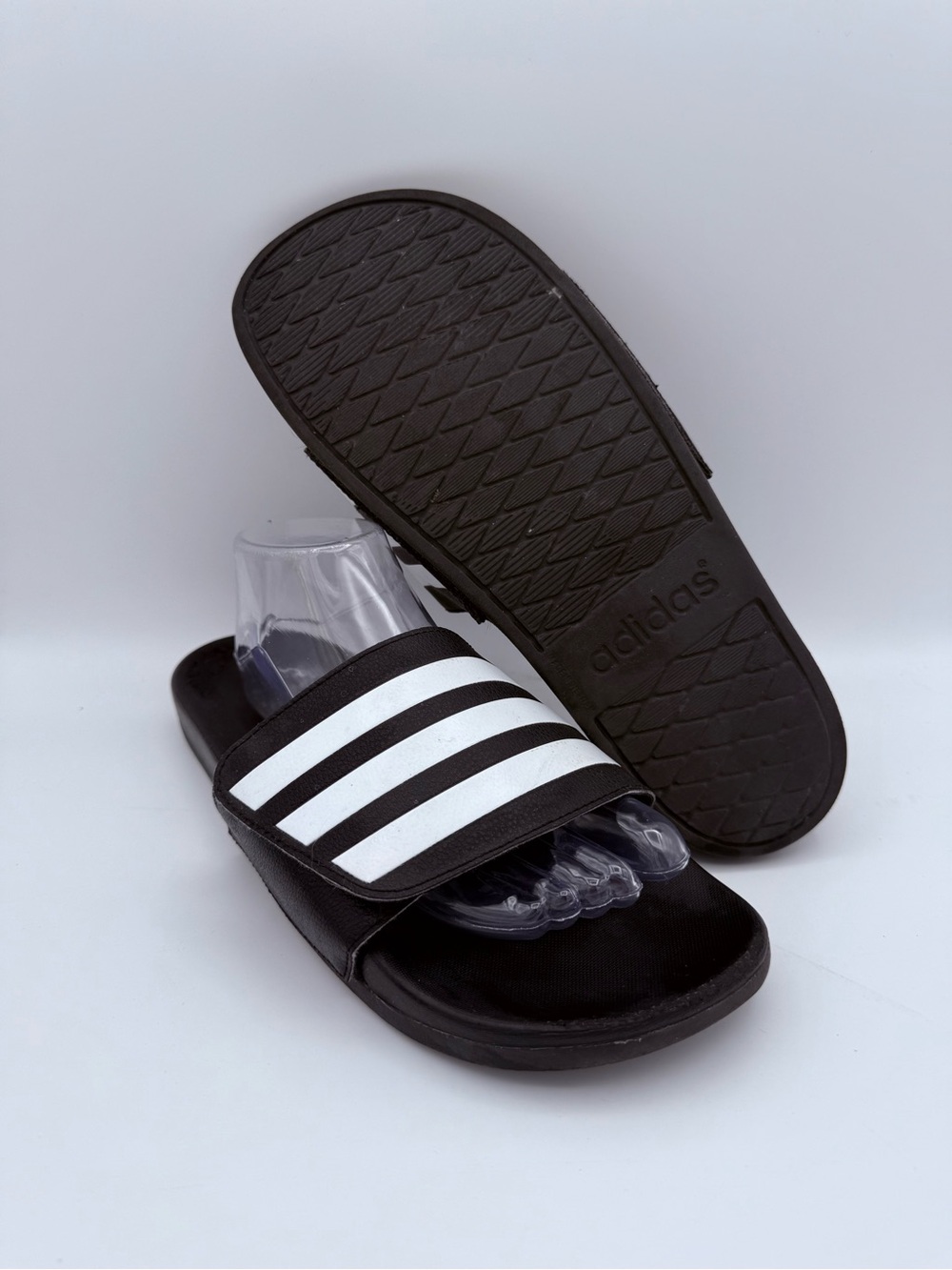 Men's Adidas Adilette Comfort Adjustable Slip-On Black White Slides Size 10